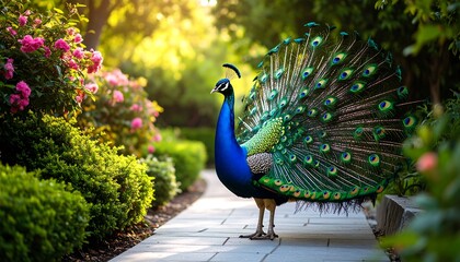Peacock in a garden pathway