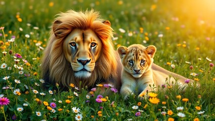 "Majestic Lion and His Cub Resting Amidst Lush Field Foliage"
