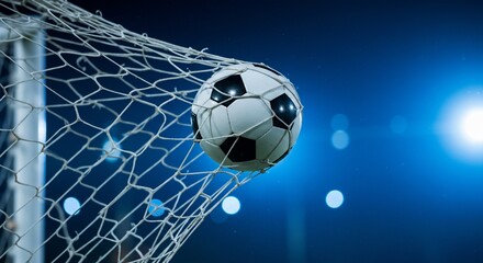 Fototapeta premium Soccer Ball Goal in Net with Dramatic Blue Stadium Lights