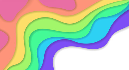 Abstract wavy muted rainbow colors paper cut background with white empty place for text. Elegant 3d layered illustration, lgbt pride bright color wallpaper for summer banner, poster, ui design