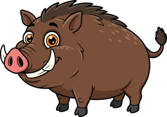 Cartoon wild boar vector, cute jungle animal illustration, tusked pig character, funny forest creature, happy hog mascot, wildlife drawing