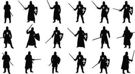 Obraz premium Collection of medieval knight silhouettes with swords and shields, battle-ready crusader poses, vector illustration for fantasy, war, and game design