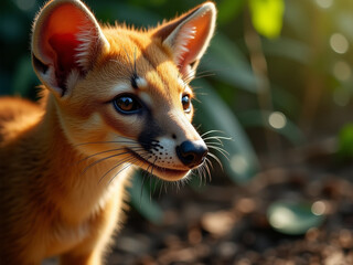 Obraz premium Fossa with Prominent Whiskers and Glossy Fur in Madagascar Forest Light