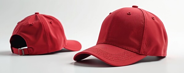 Red baseball cap illustration isolated on white background. Blank hat with visor, adjustable strap. Accessory design, sports, fashion, headwear apparel clothing template. Casual style for men, women.