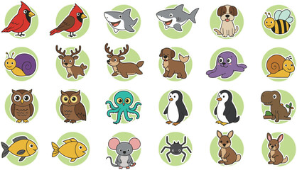 Cute cartoon animal icons set, vector wildlife creatures, forest and sea animals, baby animal illustration, educational kids animal character pack