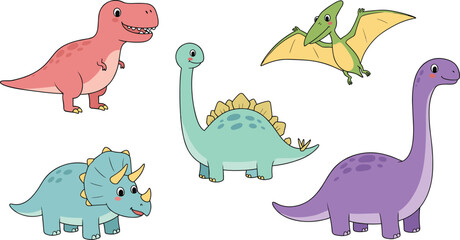 Cute cartoon dinosaurs collection, colorful prehistoric animals, funny dino characters, children’s educational vector set