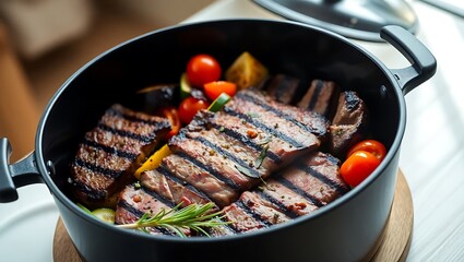 "High-Angle Gourmet: Juicy Steak & Grilled Veggies in a Black Pot"