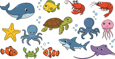 Cute sea animals vector illustration, colorful ocean creatures, marine life cartoon, underwater wildlife clipart, aquatic animals for kids design, playful