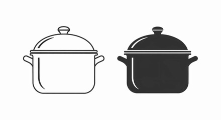 This high-quality vector graphic features two minimalist cooking pot icons (outline and solid black) with handles and a domed lid, emphasizing kitchenware and clean design.