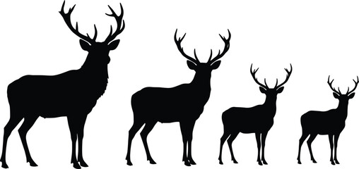 Deer silhouette vector illustration set, wild stag with antlers, forest animal design, black wildlife graphic, nature hunting clipart