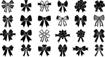 Elegant bow silhouette vector collection, black ribbon icons for decoration, gift wrapping, celebration design elements, perfect festive graphic set