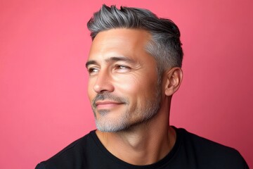 Fototapeta premium Pink solid background. A gentle and elegant man with a warm presence. Visual idea art of style for aging men. Classy men's high and tight haircut - midlife white man with grey hair.