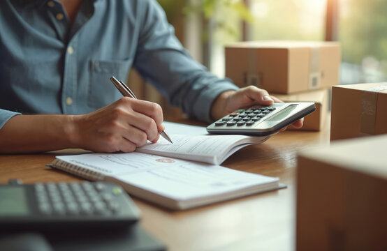 Man calculates fees and delivery expenses while logging data in notebook. Business owner reviews parcel shipping costs. Office workplace scene features calculator, cardboard boxes, pen, paperwork. - Powered by Adobe