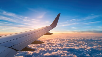 Obraz premium close-up of an airplane wing in mid-flight, clear blue sky, ample copy space, more clarity with clear light and sharp focus, high detailed