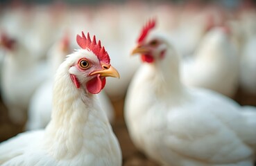 Fototapeta premium Close-up image chickens. White hens with red crests and waddles. Focus on poultry farm animals. Agriculture, meat production, food industry, farming, egg production concepts.