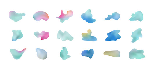 Modern set of fluid teal, blue, yellow and pink mesh gradient organic shapes. Abstract light colour liquid digital watercolor stains and freehand blobs for business design, banner, ui app