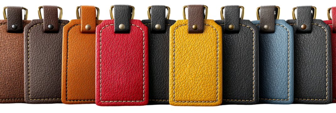 Collection of colorful leather luggage tags for travel identification  isolated on transparent background - Powered by Adobe