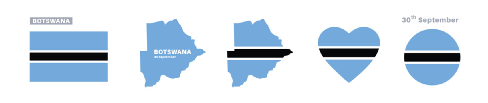 botswana flag and map set. botswana flag in official colors and proportions. independence day 30 september, map, circle and heart shaped botswana 
