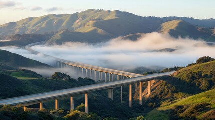 Obraz premium Highway bridge disappearing into morning fog amidst rolling hills and lush greenery