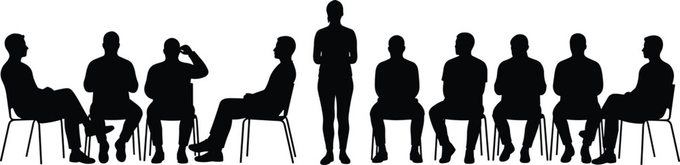 People sitting on chairs, one standing, silhouette vector illustration, office meeting scene, group discussion, seminar, business communication, teamwork