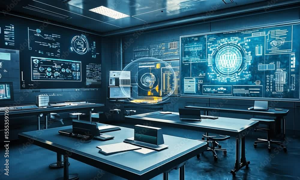 Poster futuristic control room with multiple large screens displaying complex data visualizations