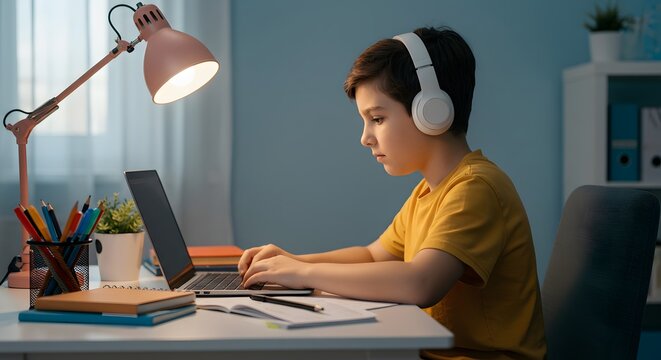 Young boy in headphones, focused on laptop, studying at a desk in a room. - Powered by Adobe
