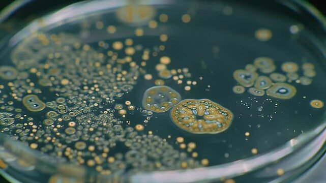 Petri dish filled with microorganisms, colonies of varied sizes and densities