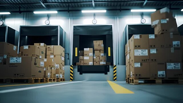 Warehouse loading docks, boxes on pallets, striping, overhead lights