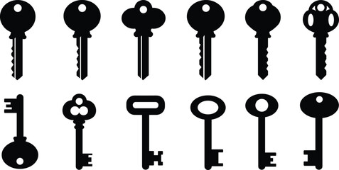 Silhouette collection of modern and vintage keys, vector illustration of security access icons, antique and traditional key set graphic