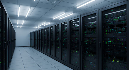 Naklejka premium Data center server room with rows of rack servers for cloud computing