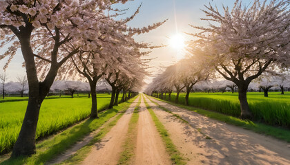 Obraz premium Blossoming cherry trees in a sunlit orchard pathway scenic landscape tranquil environment