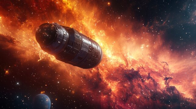 Futuristic Spacecraft Floating Through Colorful Cosmic Nebula - Powered by Adobe