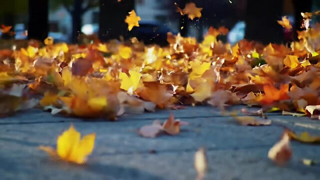 Blowing autumn leaves float above concrete path