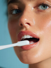 Naklejka premium Close-up portrait of caucasian woman brushing teeth with white toothbrush demonstrating oral hygiene and dental care routine for healthy smile 