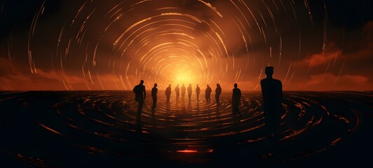 pop surreal unreal silhouettes spiral towards sun,ai generatif