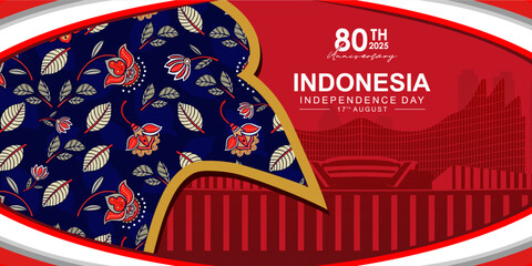 Banner or poster design for the 80th Indonesian Independence Day in 2025 with the silhouette element Batik and of the Nusantara Building at the IKN.