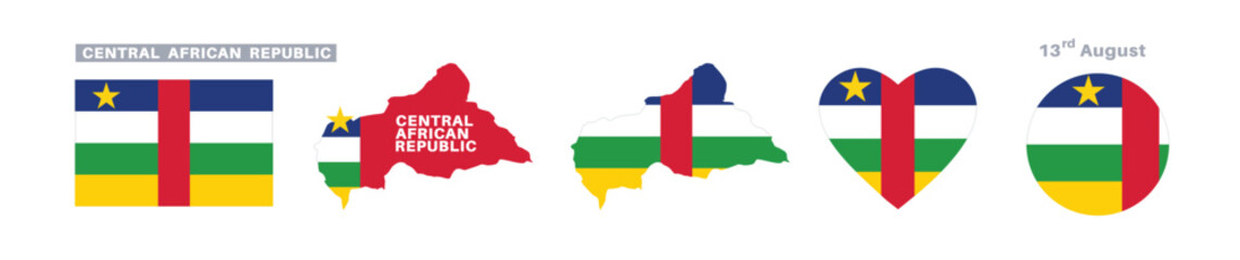 central african republic flag and map set. central african republic flag in official colors and proportions. independence day 13 august , map, circle and heart shaped central african republic
