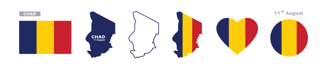 chad flag and map set. chad flag in official colors and proportions. independence day 11 august , map, circle and heart shaped chad 
