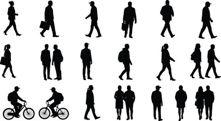 Silhouette of people walking, cycling, and commuting, side view, male and female figures, urban lifestyle, vector illustration, everyday scene