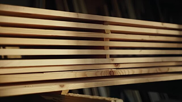 Stacked wooden planks in storage, parallel and evenly spaced