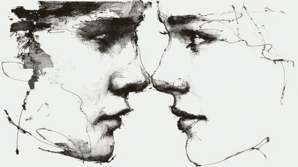 Obraz premium Close Up Black And White Drawing Of A Couple's Faces