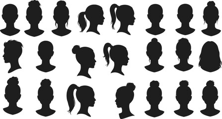 Vector illustration of diverse female profile silhouettes, hairstyle icons for avatars, user interfaces, graphic design, identity concept, and branding