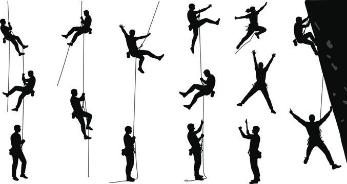 Vector illustration of rock climbers silhouettes on ropes, mountain climbing poses, extreme sport activity, adventure, outdoor challenge, fitness training - Powered by Adobe