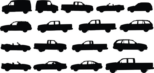Vehicle silhouettes vector collection, including SUV, van, pickup truck, sedan, and convertible car icons, perfect for transport illustrations © Bokul Creatives
