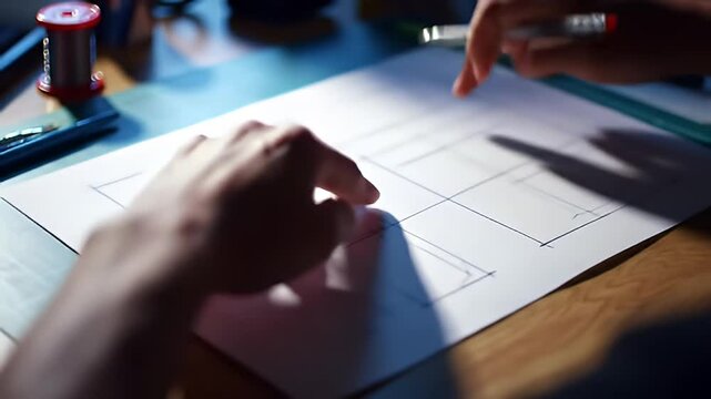 Hands drawing a linear geometric design on white paper with a pencil