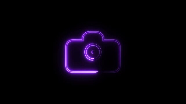 glowing neon Camera Outline Icon on Black Background. camera outline icon with a centered lens and shutter detail sits against a black background, symbolizing photography