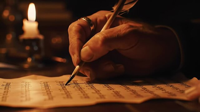 Candlelit scene hand writing on parchment with quill