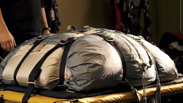 Packed parachute with straps laying on table, other gear blurred behind