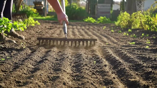 Garden soil is raked creating rows, with greenery and outbuildings blurry