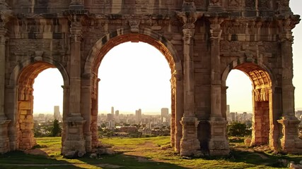 Aged stone archways overlook a city skyline at sunrise with green hillside - Powered by Adobe